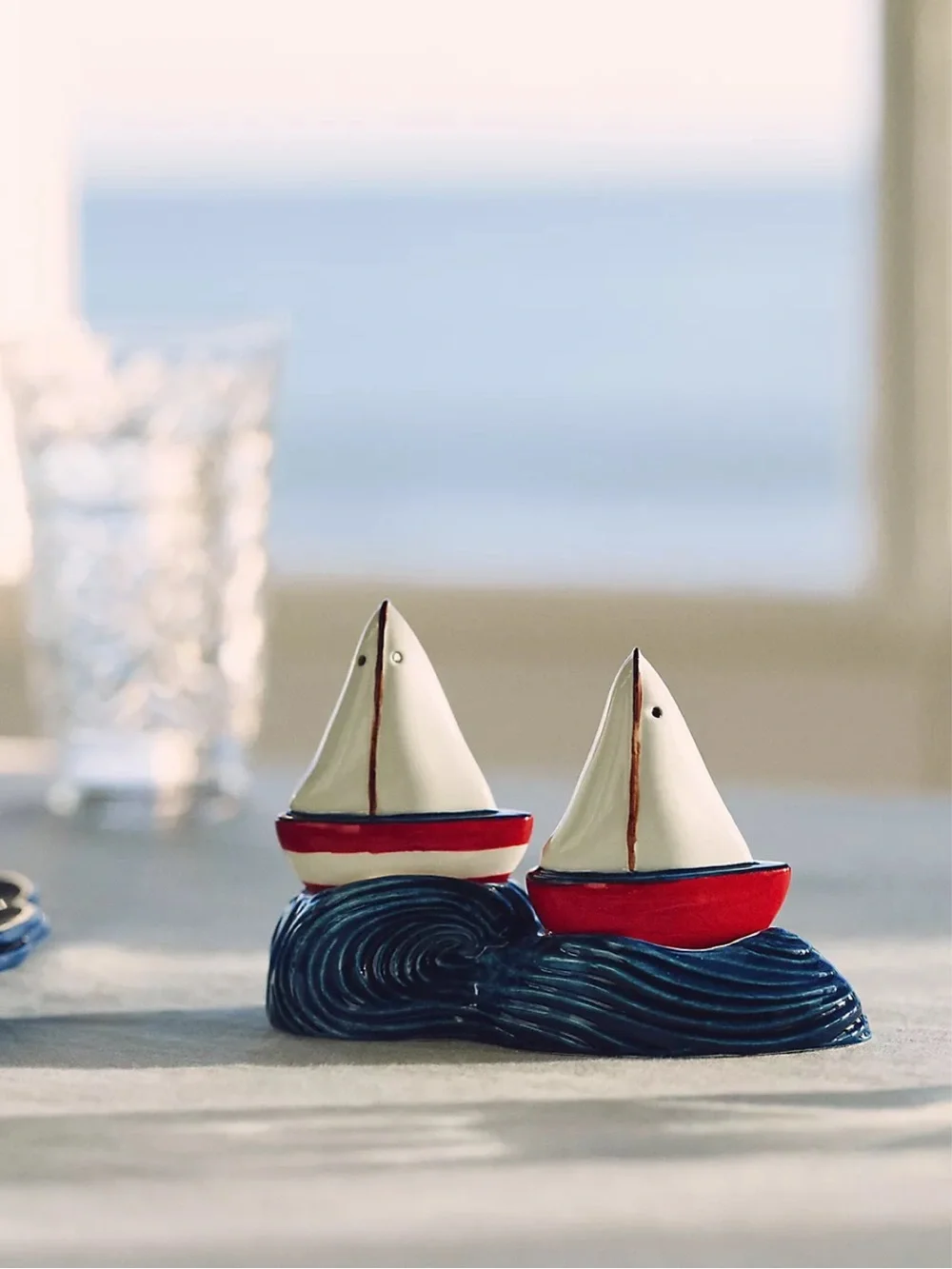 Anthropologie Maritime Stoneware Salt & Pepper Shakers Red White Blue Waves